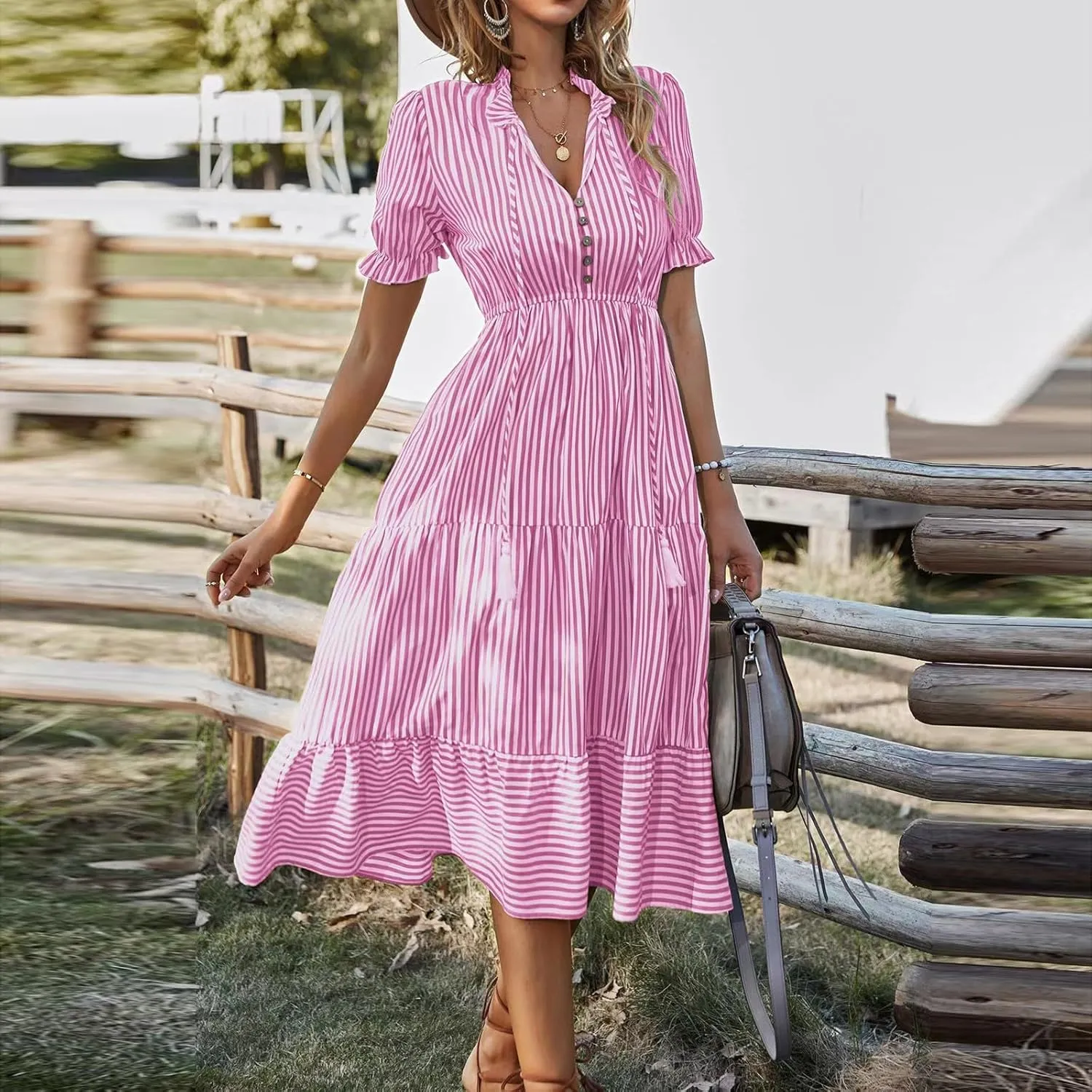Women's Summer Ruffle Puff Sleeve Dress Short Sleeve V Neck High Waist Casual Loose Striped Midi Dresses