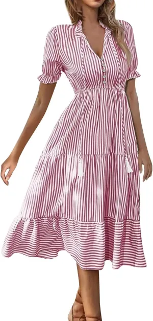 Women's Summer Ruffle Puff Sleeve Dress Short Sleeve V Neck High Waist Casual Loose Striped Midi Dresses