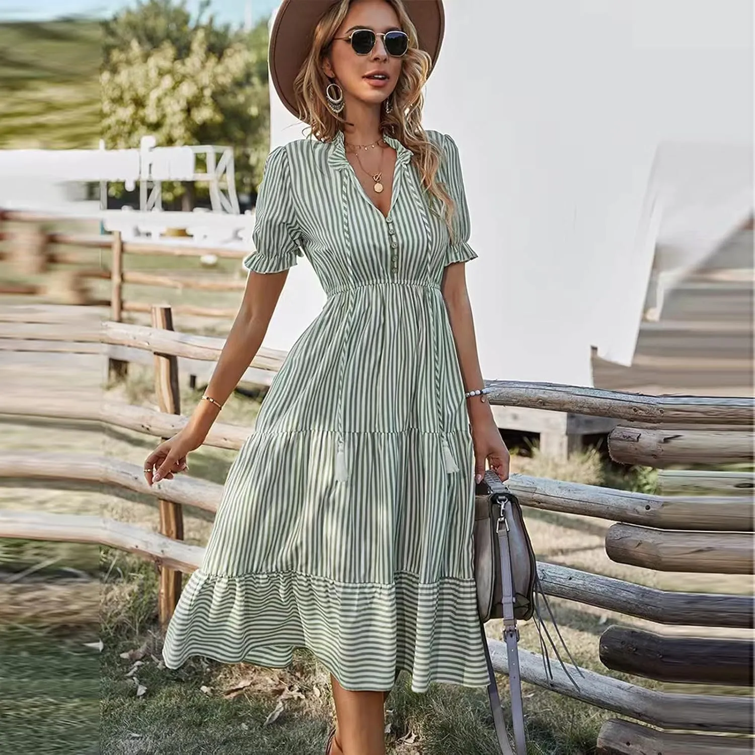 Women's Summer Ruffle Puff Sleeve Dress Short Sleeve V Neck High Waist Casual Loose Striped Midi Dresses