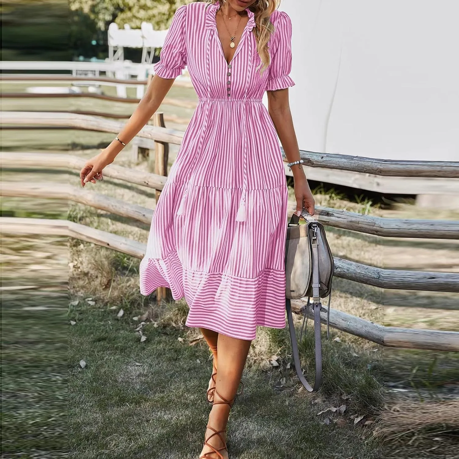 Women's Summer Ruffle Puff Sleeve Dress Short Sleeve V Neck High Waist Casual Loose Striped Midi Dresses