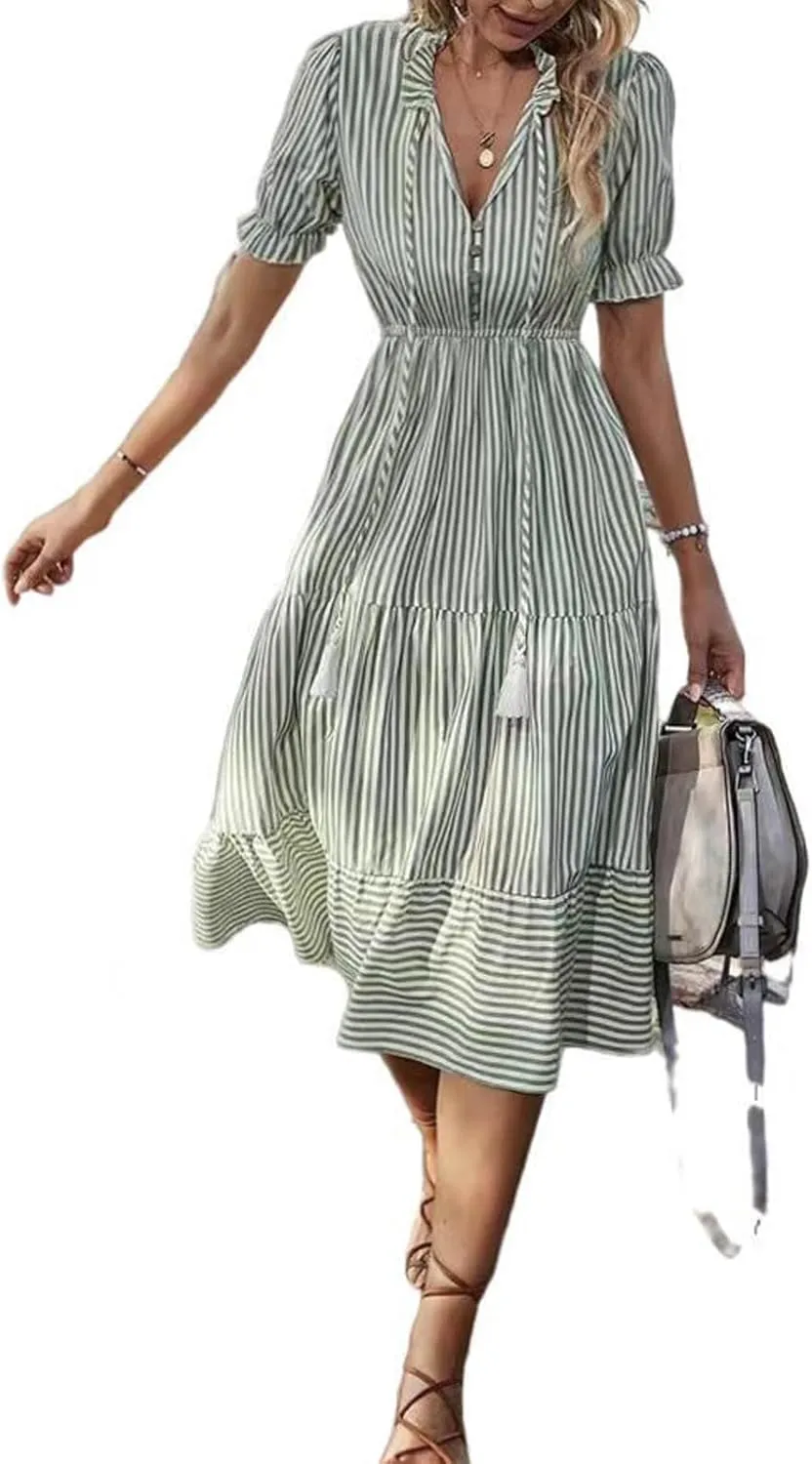 Women's Summer Ruffle Puff Sleeve Dress Short Sleeve V Neck High Waist Casual Loose Striped Midi Dresses