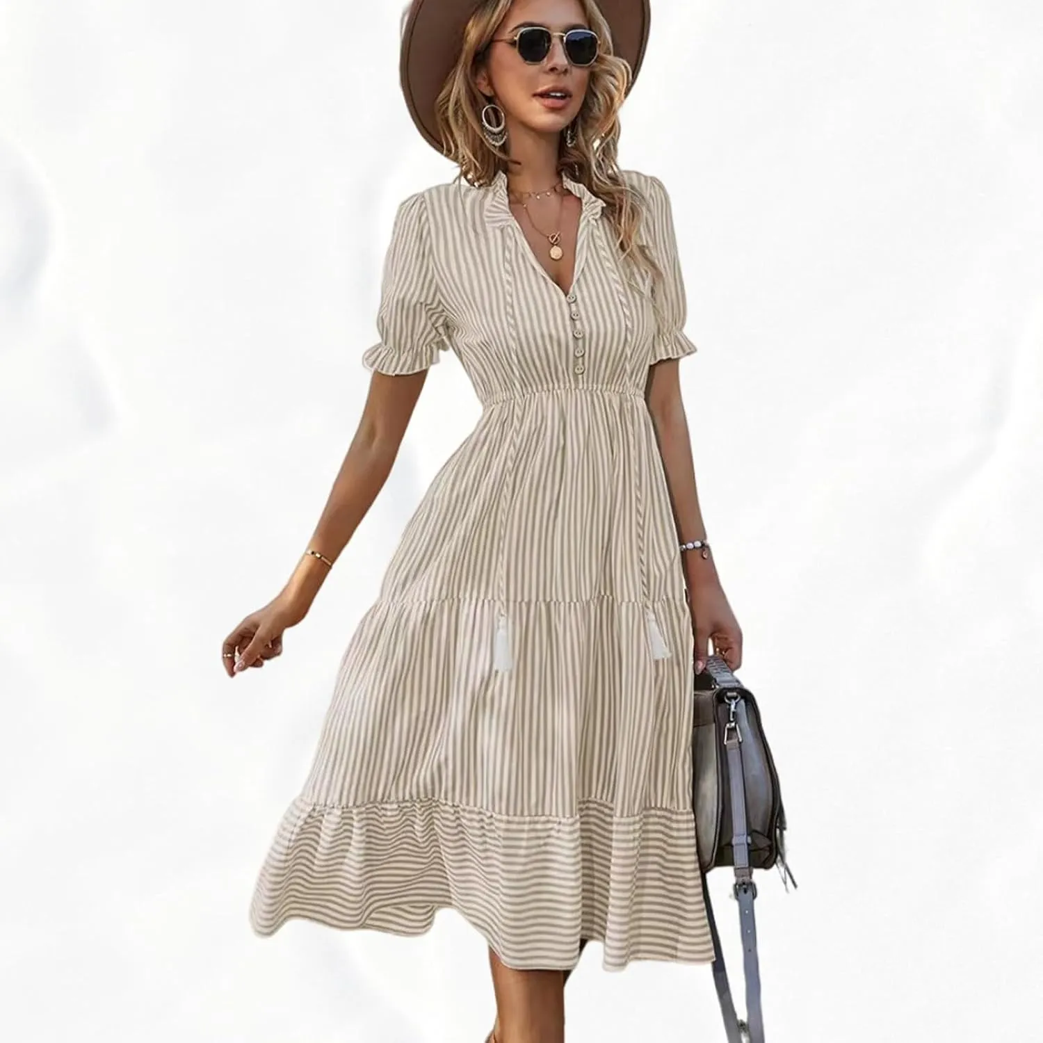 Women's Summer Ruffle Puff Sleeve Dress Short Sleeve V Neck High Waist Casual Loose Striped Midi Dresses