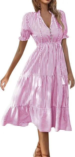 Women's Summer Ruffle Puff Sleeve Dress Short Sleeve V Neck High Waist Casual Loose Striped Midi Dresses