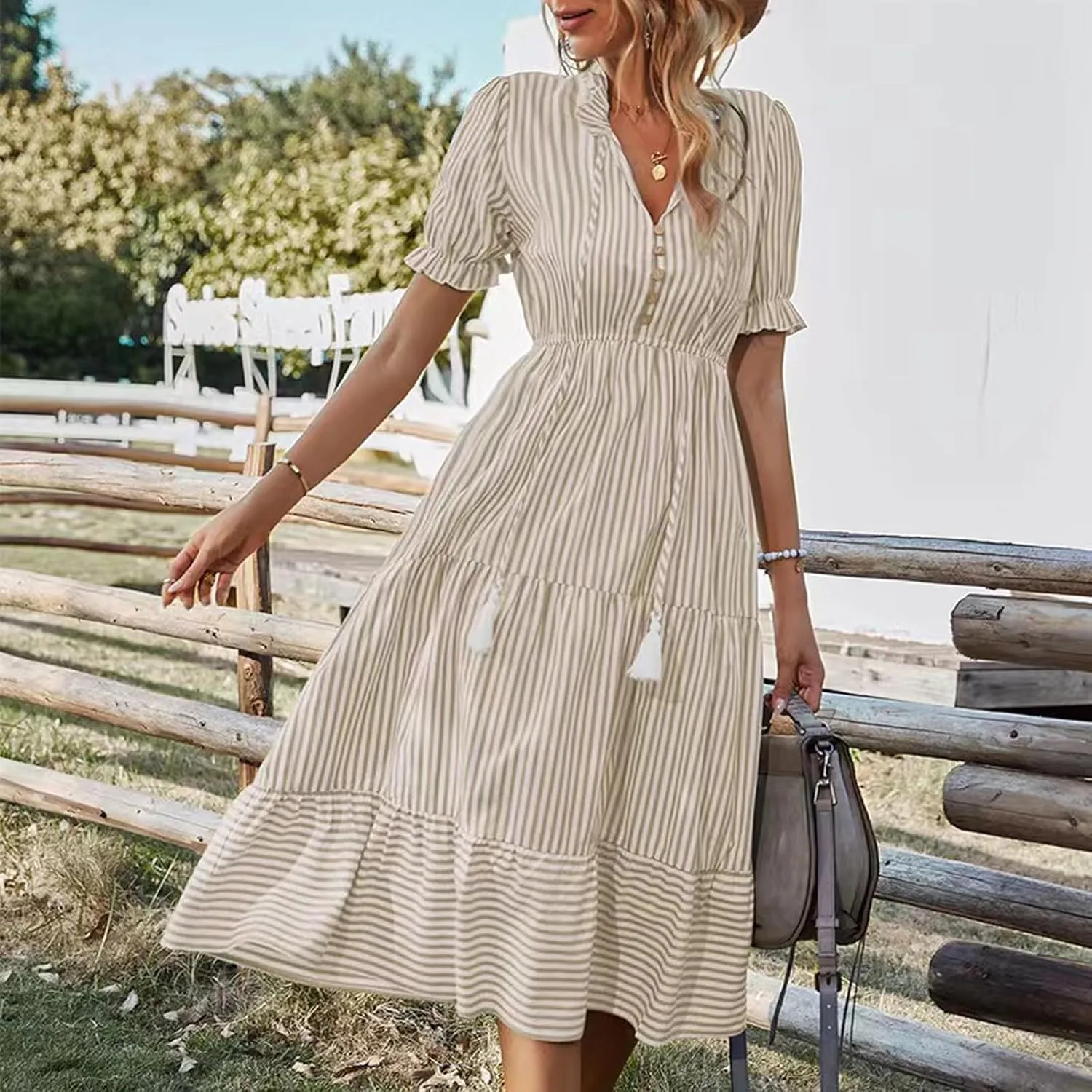 Women's Summer Ruffle Puff Sleeve Dress Short Sleeve V Neck High Waist Casual Loose Striped Midi Dresses