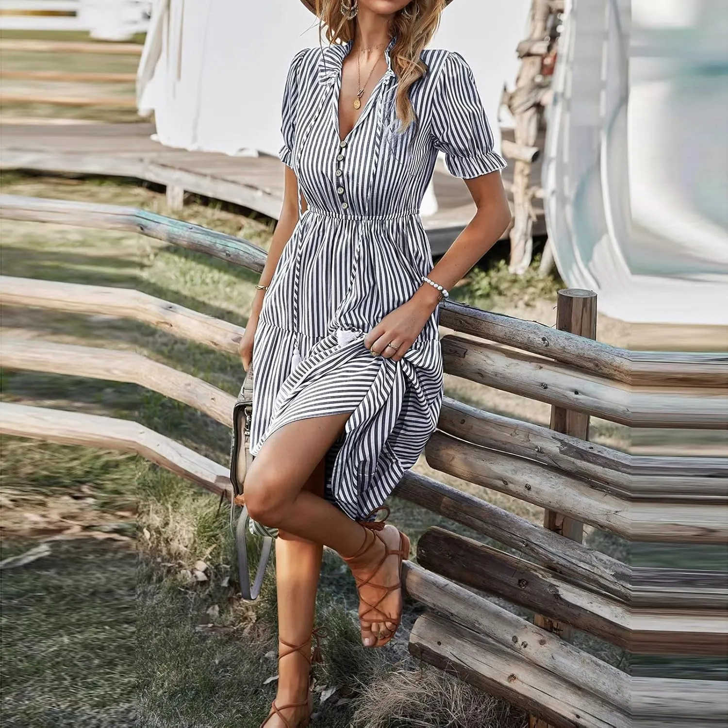 Women's Summer Ruffle Puff Sleeve Dress Short Sleeve V Neck High Waist Casual Loose Striped Midi Dresses