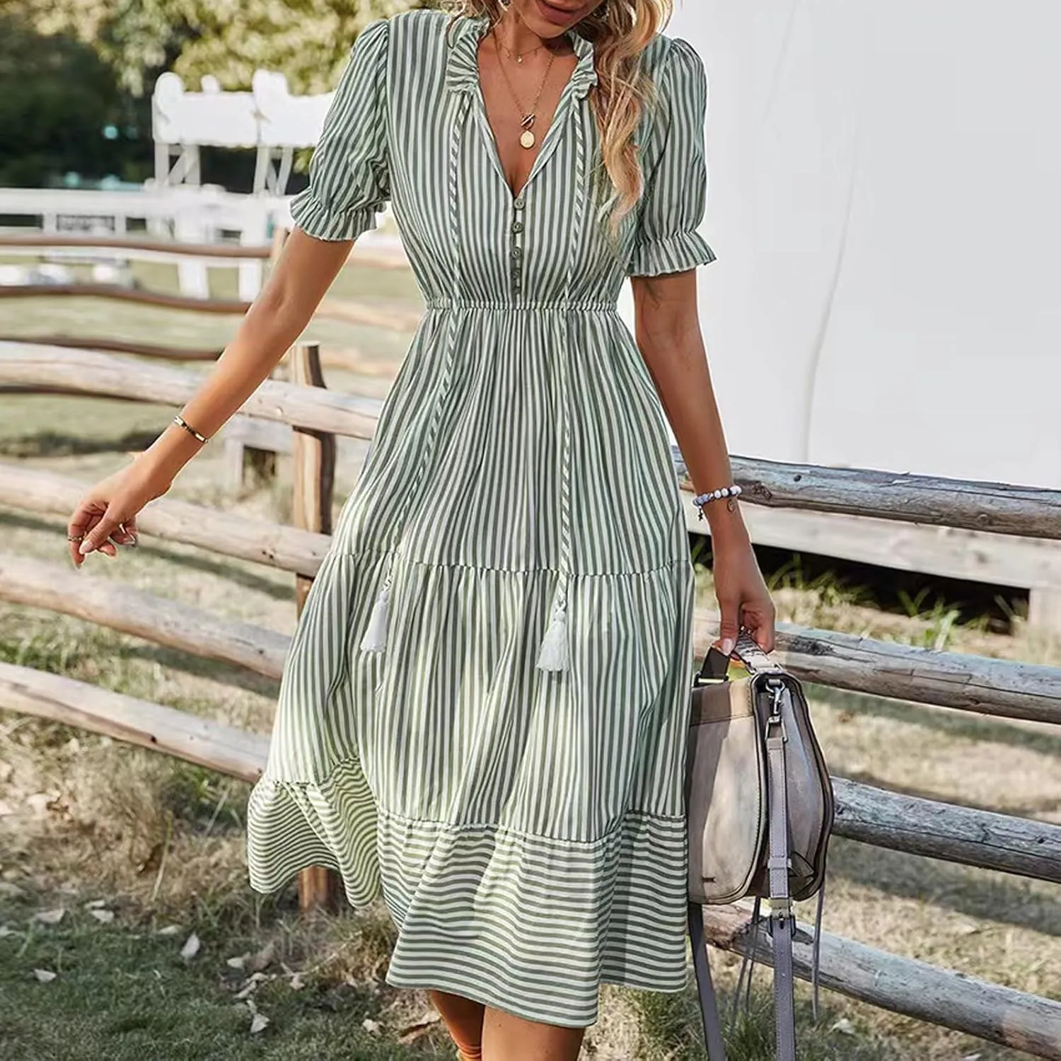 Women's Summer Ruffle Puff Sleeve Dress Short Sleeve V Neck High Waist Casual Loose Striped Midi Dresses