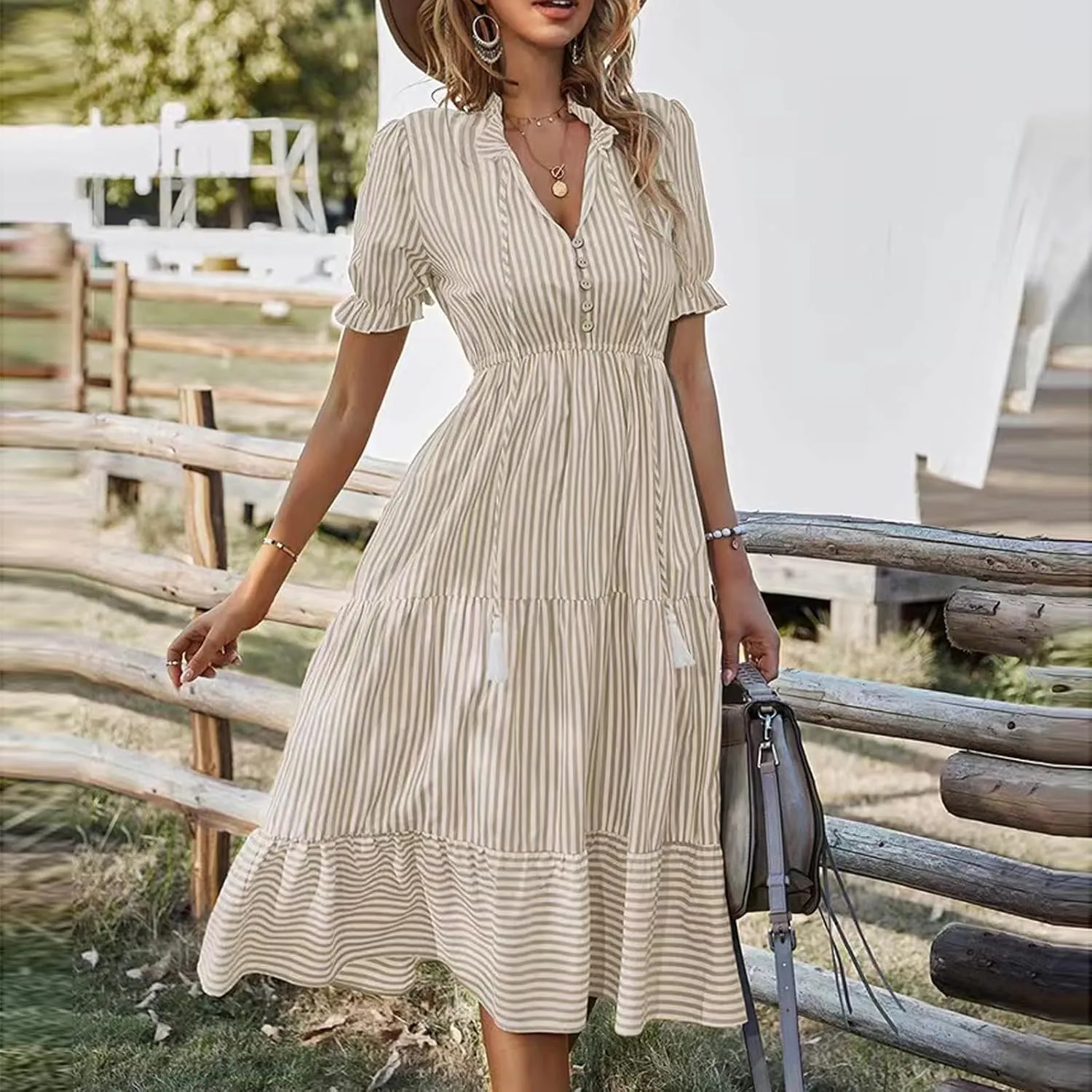 Women's Summer Ruffle Puff Sleeve Dress Short Sleeve V Neck High Waist Casual Loose Striped Midi Dresses