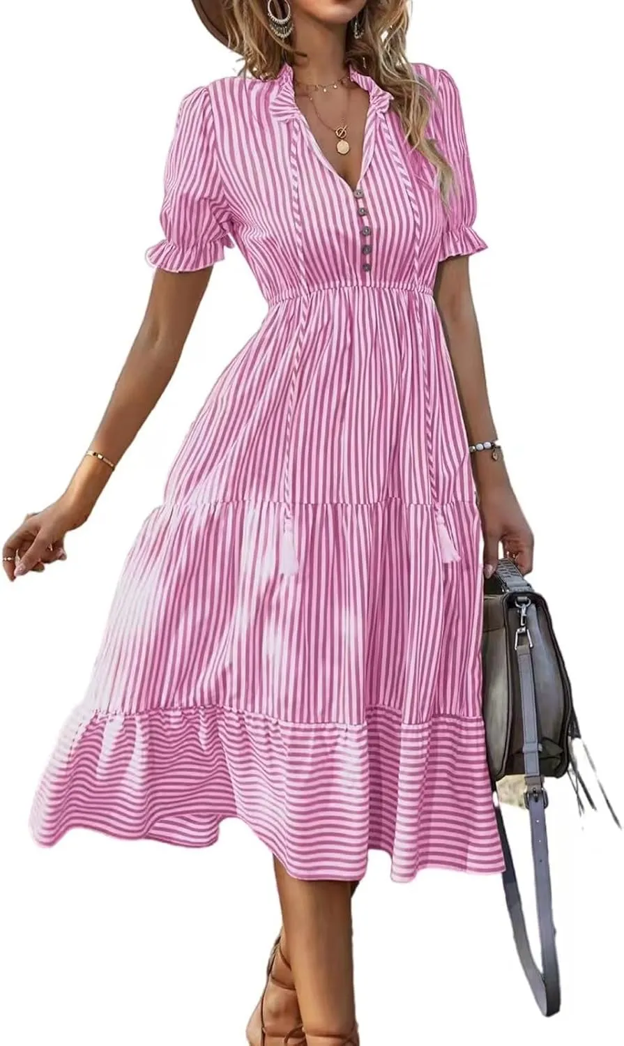 Women's Summer Ruffle Puff Sleeve Dress Short Sleeve V Neck High Waist Casual Loose Striped Midi Dresses