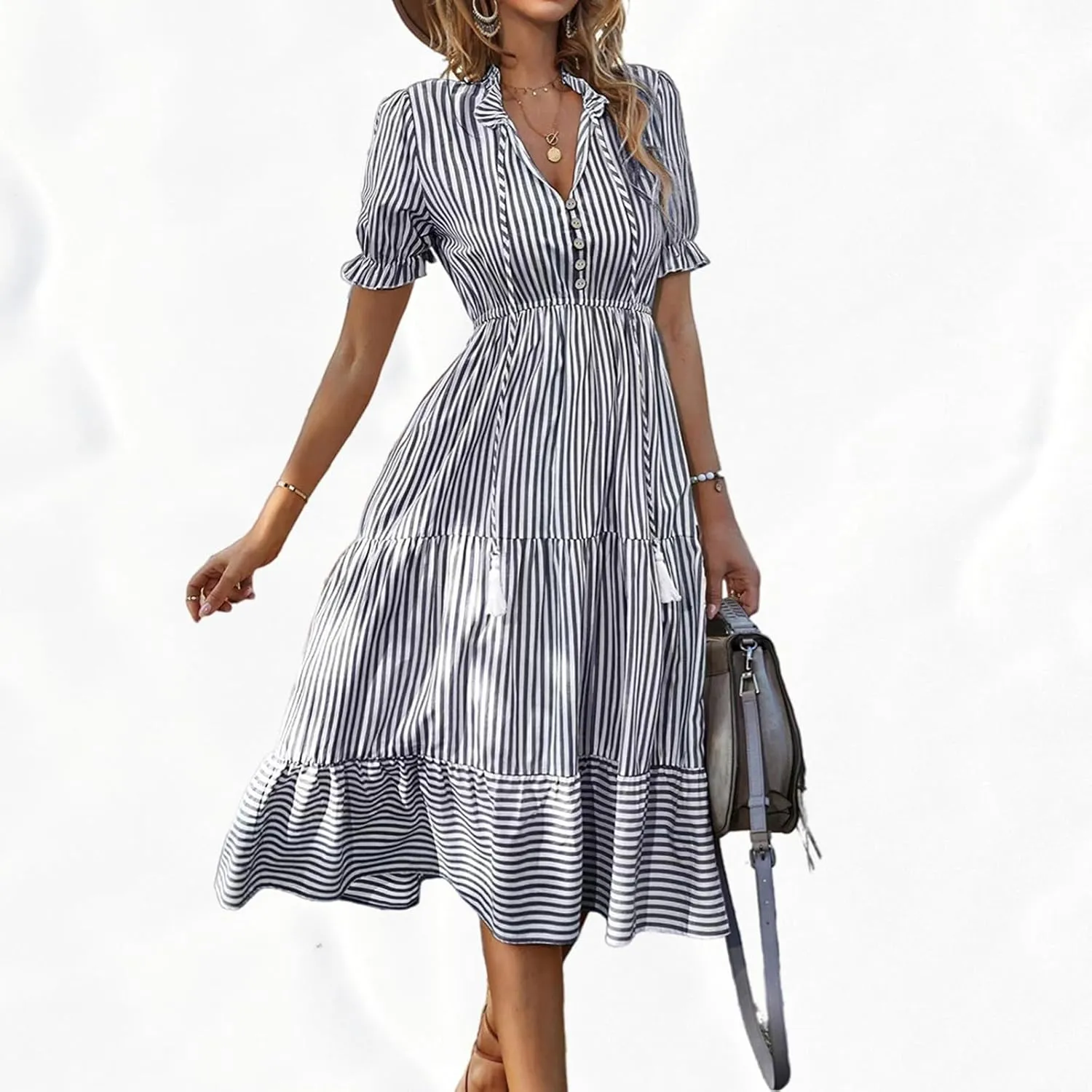 Women's Summer Ruffle Puff Sleeve Dress Short Sleeve V Neck High Waist Casual Loose Striped Midi Dresses