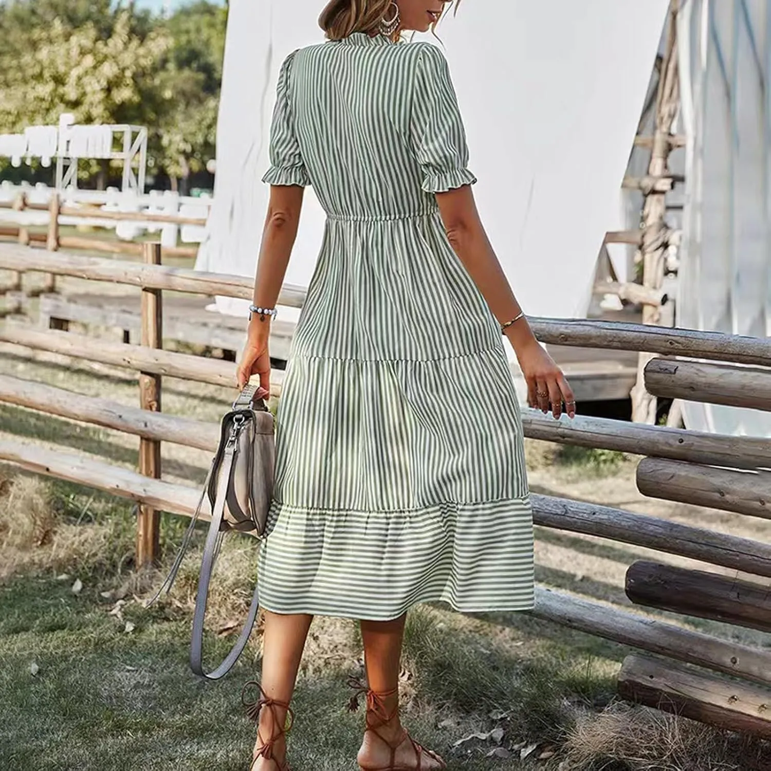 Women's Summer Ruffle Puff Sleeve Dress Short Sleeve V Neck High Waist Casual Loose Striped Midi Dresses