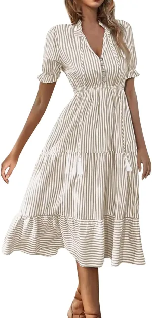 Women's Summer Ruffle Puff Sleeve Dress Short Sleeve V Neck High Waist Casual Loose Striped Midi Dresses