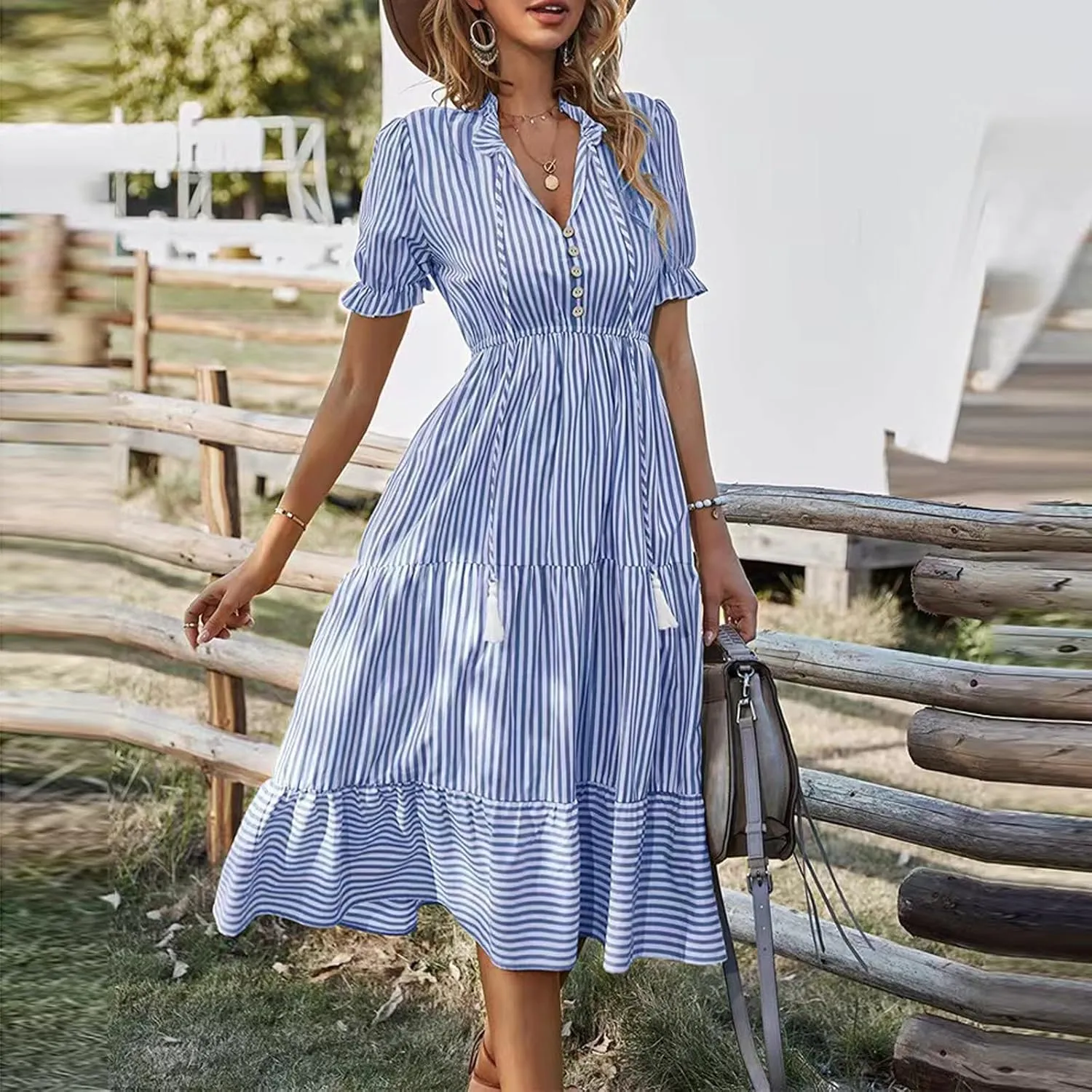 Women's Summer Ruffle Puff Sleeve Dress Short Sleeve V Neck High Waist Casual Loose Striped Midi Dresses