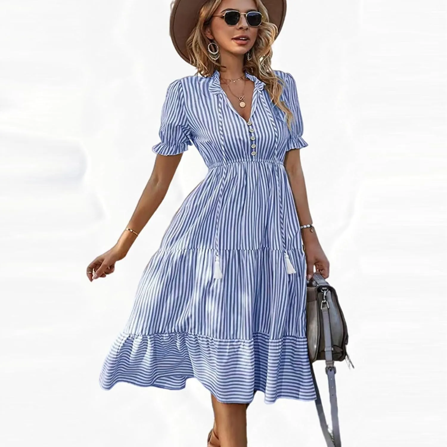Women's Summer Ruffle Puff Sleeve Dress Short Sleeve V Neck High Waist Casual Loose Striped Midi Dresses