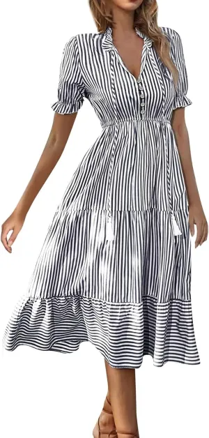 Women's Summer Ruffle Puff Sleeve Dress Short Sleeve V Neck High Waist Casual Loose Striped Midi Dresses