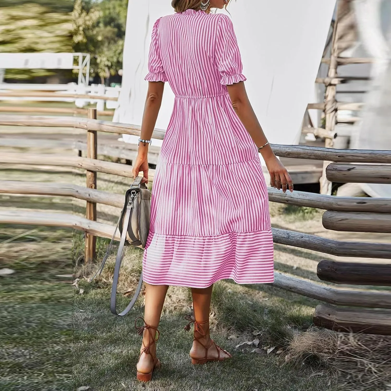 Women's Summer Ruffle Puff Sleeve Dress Short Sleeve V Neck High Waist Casual Loose Striped Midi Dresses