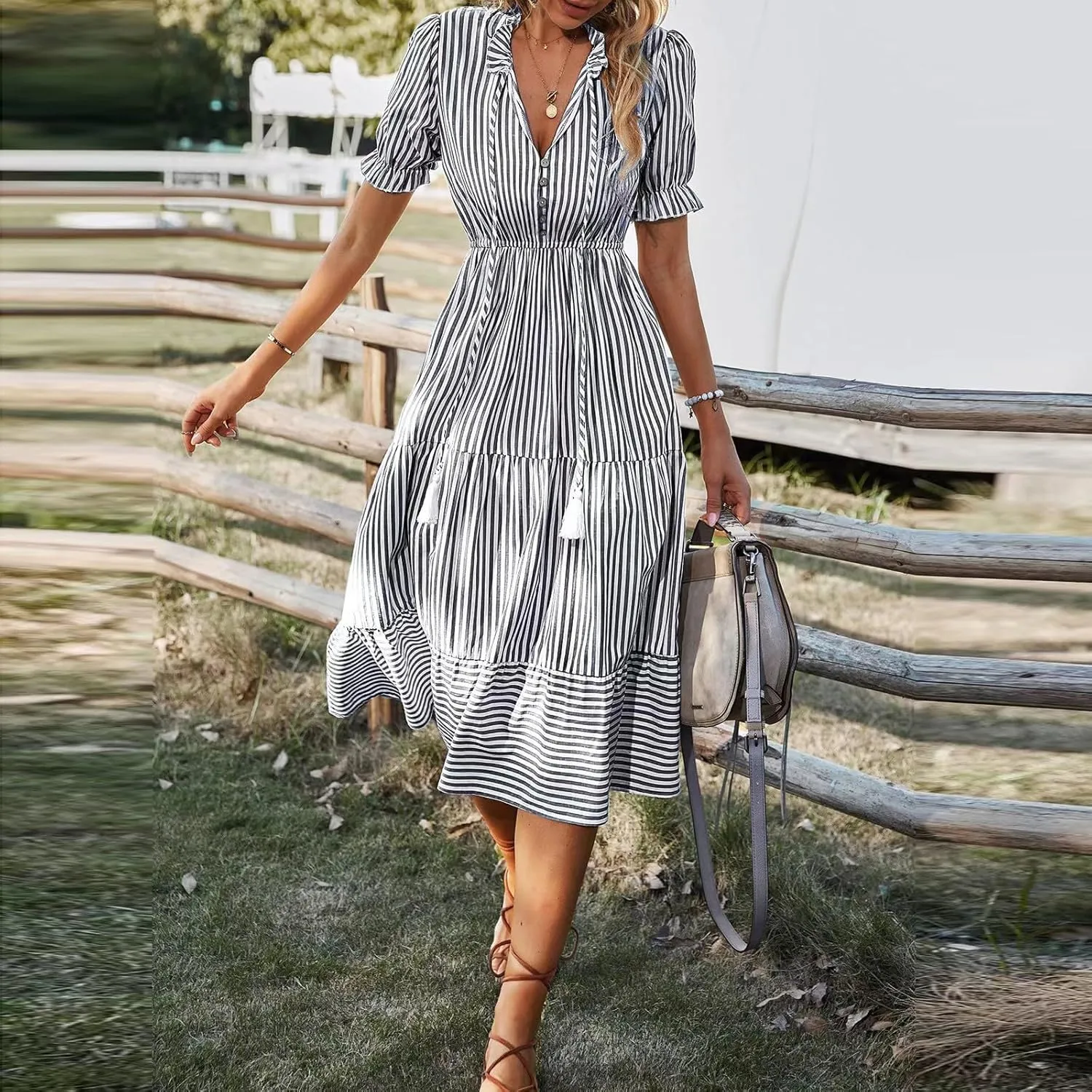 Women's Summer Ruffle Puff Sleeve Dress Short Sleeve V Neck High Waist Casual Loose Striped Midi Dresses