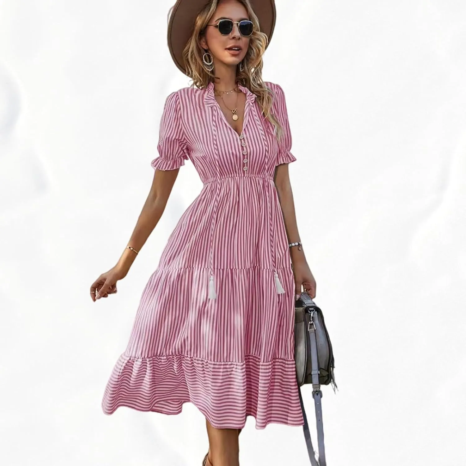 Women's Summer Ruffle Puff Sleeve Dress Short Sleeve V Neck High Waist Casual Loose Striped Midi Dresses