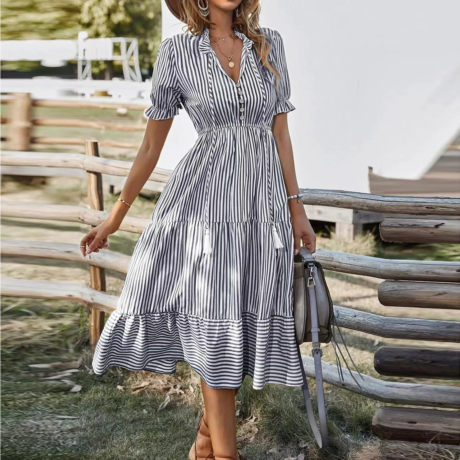 Women's Summer Ruffle Puff Sleeve Dress Short Sleeve V Neck High Waist Casual Loose Striped Midi Dresses