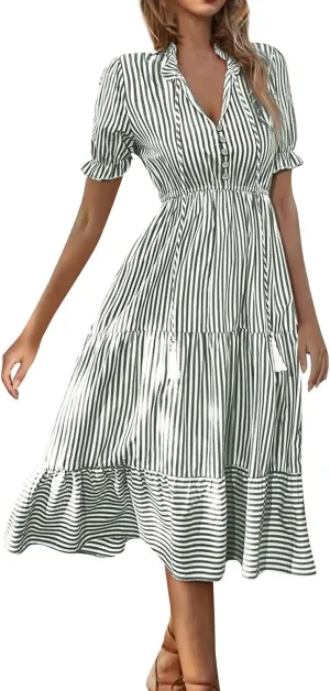 Women's Summer Ruffle Puff Sleeve Dress Short Sleeve V Neck High Waist Casual Loose Striped Midi Dresses