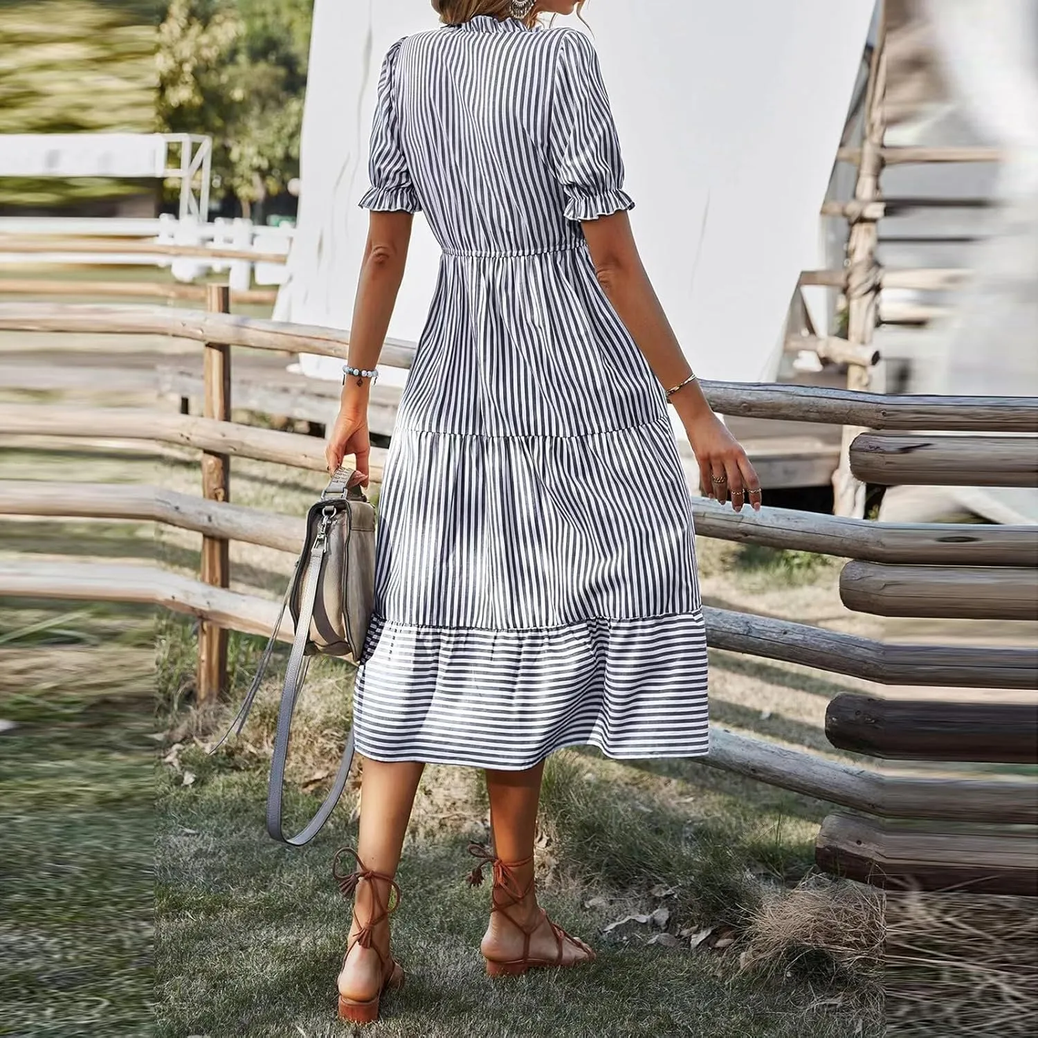 Women's Summer Ruffle Puff Sleeve Dress Short Sleeve V Neck High Waist Casual Loose Striped Midi Dresses