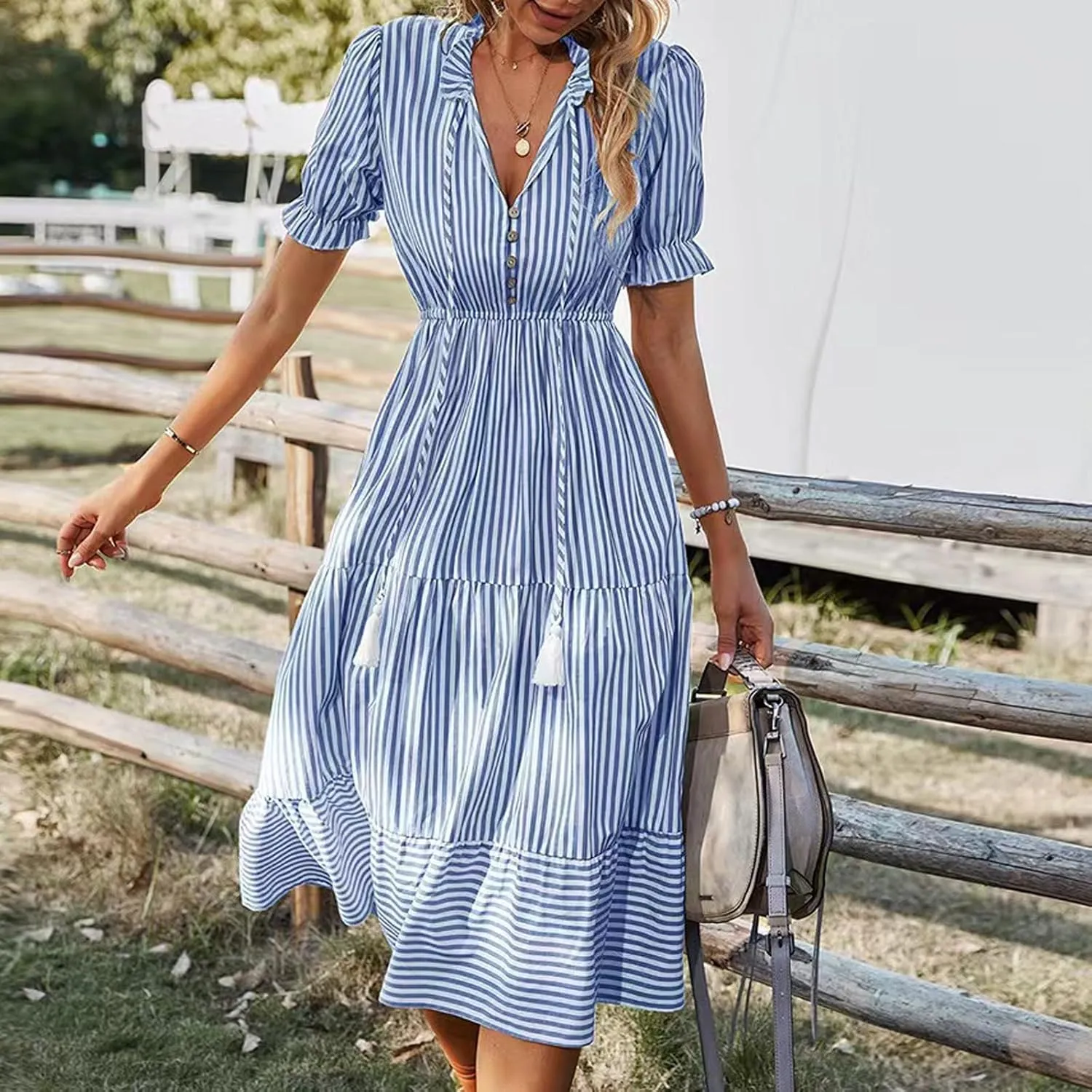 Women's Summer Ruffle Puff Sleeve Dress Short Sleeve V Neck High Waist Casual Loose Striped Midi Dresses