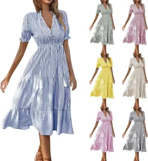 Women's Summer Ruffle Puff Sleeve Dress Short Sleeve V Neck High Waist Casual Loose Striped Midi Dresses