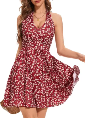 Women's Summer Sundress Sexy Halter V Neck Sleeveless Floral Ruffle Hem Boho Sun Dresses for Women Spring Mini Dress