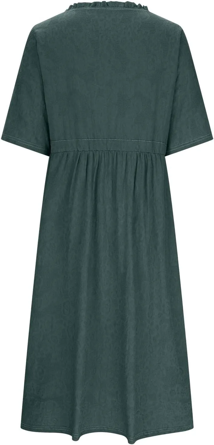 Women's Summer Vintage Jacquard Short Sleeve A Line Shirt Dress Cotton V Neck Button Drawstring Beach Midi Dresses