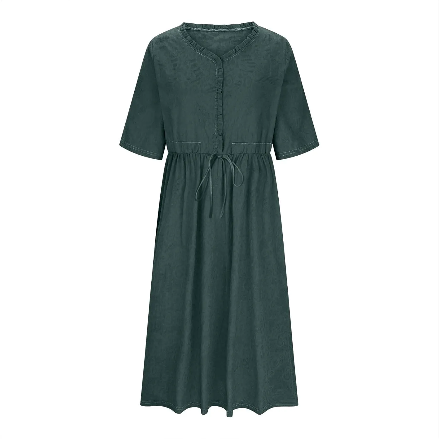 Women's Summer Vintage Jacquard Short Sleeve A Line Shirt Dress Cotton V Neck Button Drawstring Beach Midi Dresses