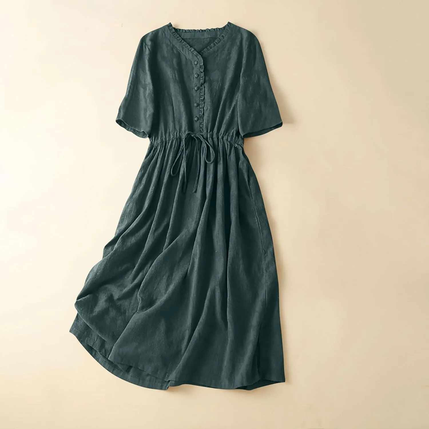 Women's Summer Vintage Jacquard Short Sleeve A Line Shirt Dress Cotton V Neck Button Drawstring Beach Midi Dresses