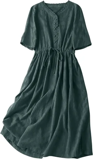 Women's Summer Vintage Jacquard Short Sleeve A Line Shirt Dress Cotton V Neck Button Drawstring Beach Midi Dresses