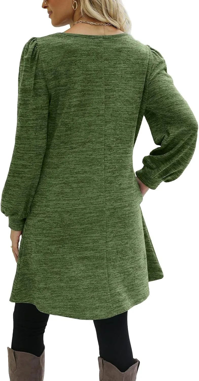 Womens Sweater Dresses 2024 Trendy Crewneck Solid Color Button Long Sleeve Casual Loose Dress Fall Outfits with Pockets