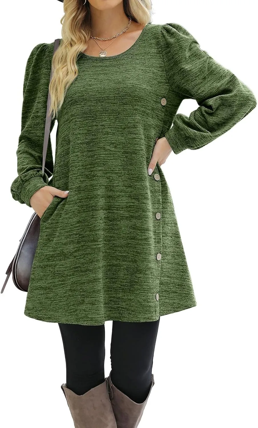 Womens Sweater Dresses 2024 Trendy Crewneck Solid Color Button Long Sleeve Casual Loose Dress Fall Outfits with Pockets