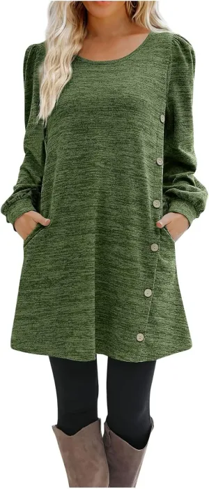 Womens Sweater Dresses 2024 Trendy Crewneck Solid Color Button Long Sleeve Casual Loose Dress Fall Outfits with Pockets