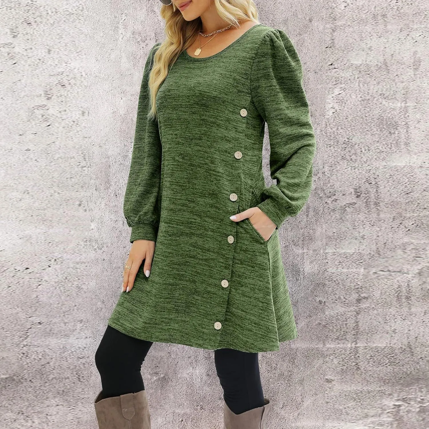 Womens Sweater Dresses 2024 Trendy Crewneck Solid Color Button Long Sleeve Casual Loose Dress Fall Outfits with Pockets