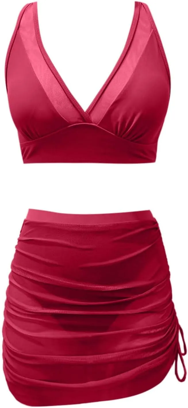Womens Swim Skirt High Waisted V Neck Bikini Sets Tummy Control Drawsrtring Swimsuits Mesh Sarong Wraps Bathing Suits