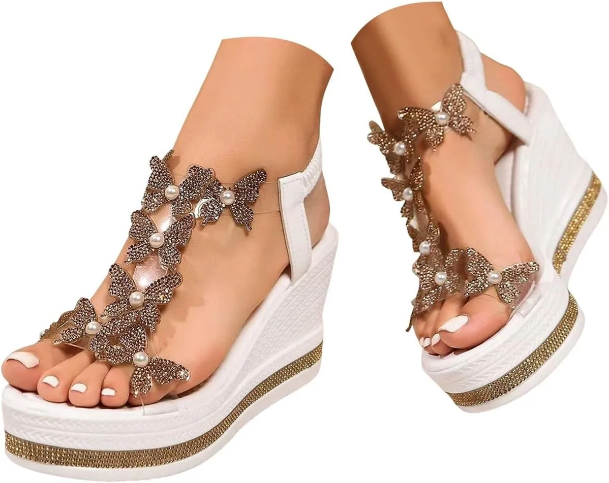 Women's T-Strap Rhinestone High Heel Wedge Sandals 2025 Summer Fashionable Butterfly Decoration Open Toe Casual Bohemian Comfort Walking Non Slip Sandals Orthopedic Dressy Outdoor Walking Shoes
