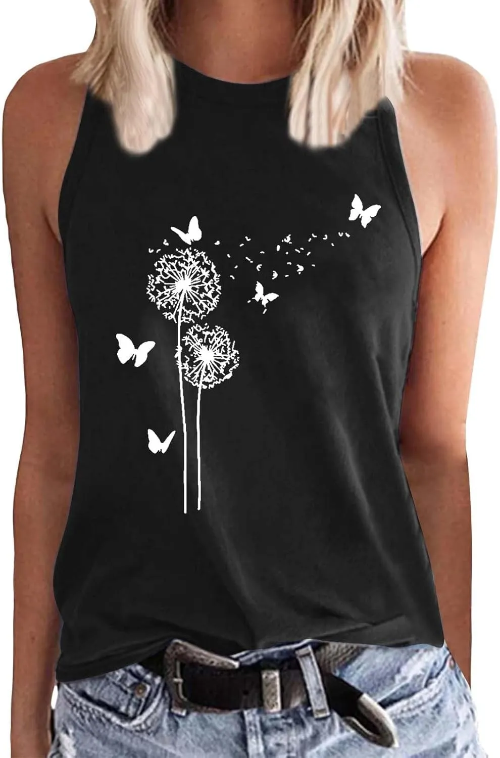 Women's Tank Tops Round Neck Sleeveless Dandelion Butterfly Graphic Tees Casual Loose Fit Summer Shirt 2025
