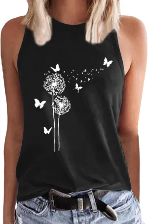 Women's Tank Tops Round Neck Sleeveless Dandelion Butterfly Graphic Tees Casual Loose Fit Summer Shirt 2025