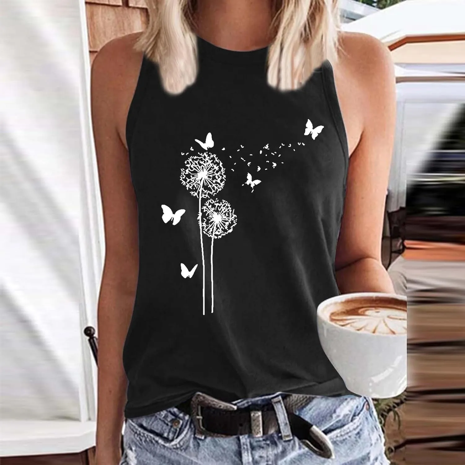 Women's Tank Tops Round Neck Sleeveless Dandelion Butterfly Graphic Tees Casual Loose Fit Summer Shirt 2025