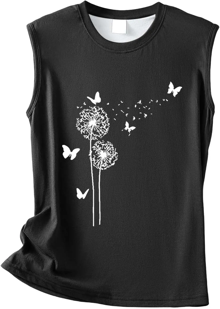 Women's Tank Tops Round Neck Sleeveless Dandelion Butterfly Graphic Tees Casual Loose Fit Summer Shirt 2025