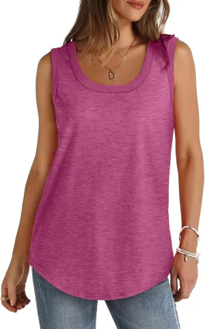 Womens Tank Tops Summer Loose Casual Flowy Sleeveless Tops Ribbed Trim Scoop Neck Tanks Curved Hem Trendy T Shirt 2025