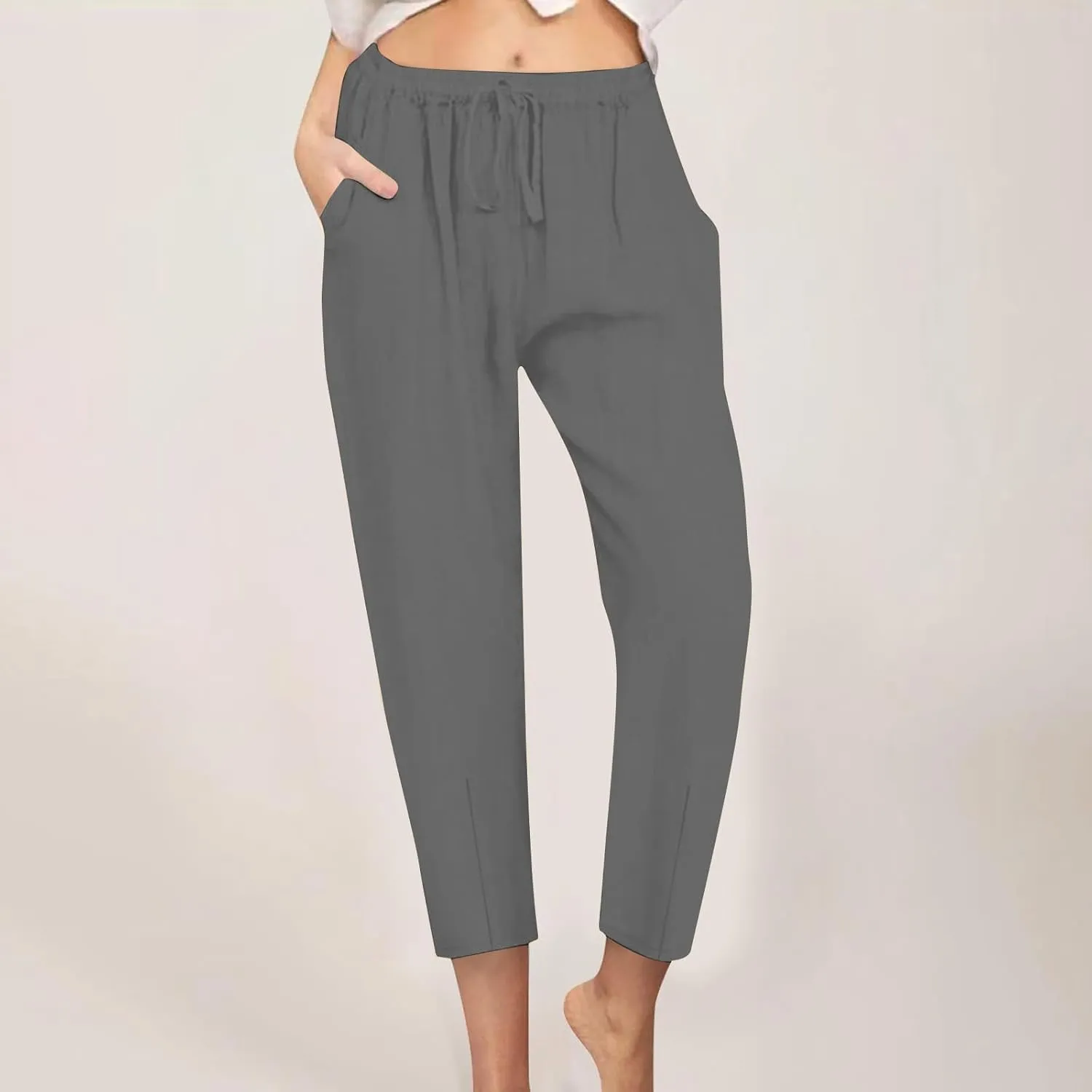 Women's Tapered Pants High Waisted Linen Pants Drawstring Work Pants Pull On Casual Pants Comfy Dress Pants Trousers