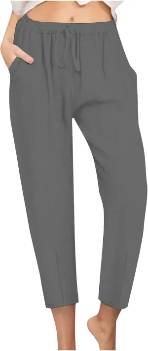 Women's Tapered Pants High Waisted Linen Pants Drawstring Work Pants Pull On Casual Pants Comfy Dress Pants Trousers