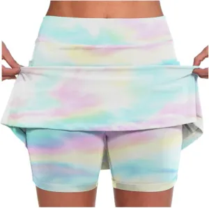 Women's Tennis Golf Mini Skirts with Pockets Casual Tie Dye High Waisted Elastic Skorts Summer Workout Skirt Inner Shorts