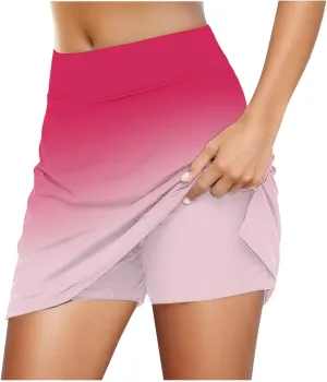 Women's Tennis Skirt with Shorts Pocket Gradient Color High Waist Athletic Skorts Inner Shorts Skirts for Running