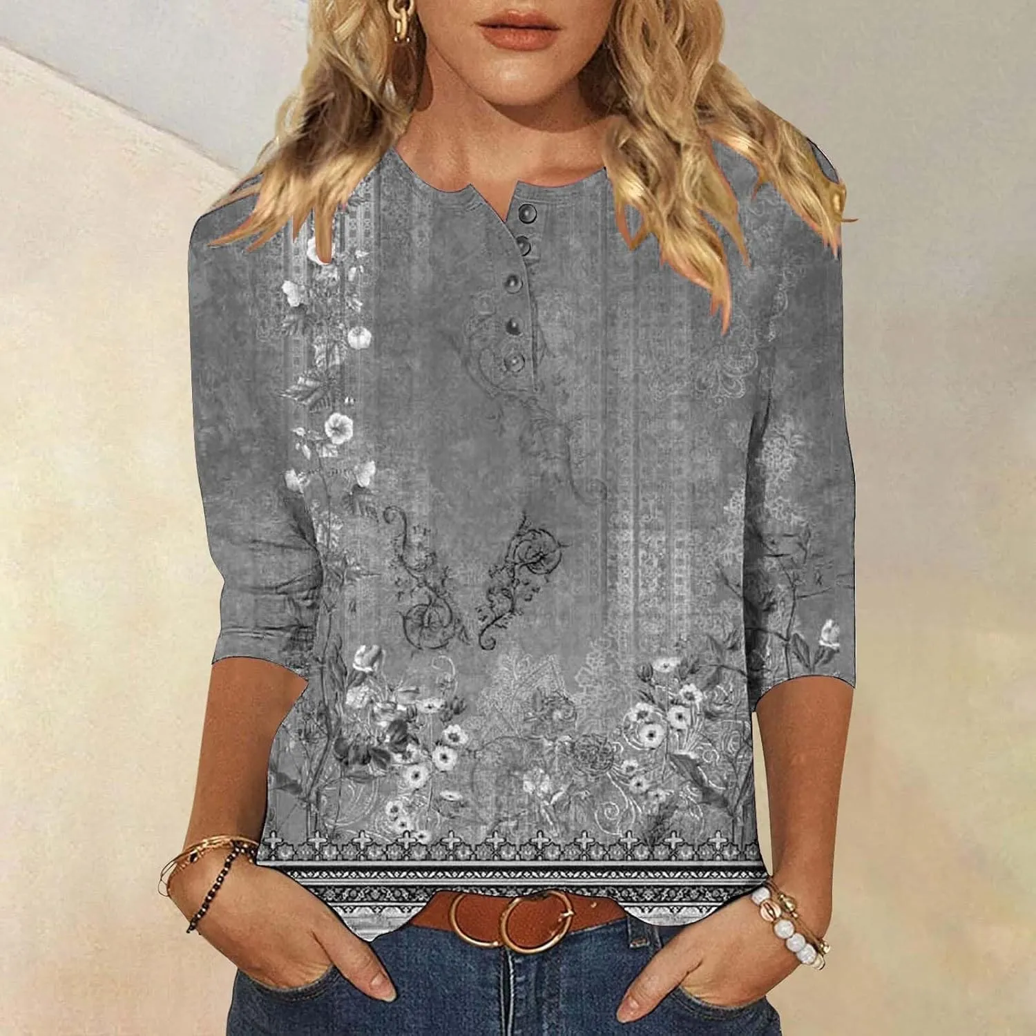 Womens Tops Casual 3/4 Sleeve Shirts Button Down V Neck Tunic Tshirts Summer Vintage Floral Print Henley Blouses Tee