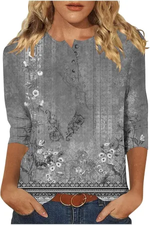 Womens Tops Casual 3/4 Sleeve Shirts Button Down V Neck Tunic Tshirts Summer Vintage Floral Print Henley Blouses Tee