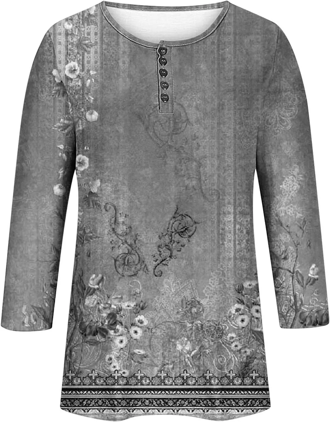 Womens Tops Casual 3/4 Sleeve Shirts Button Down V Neck Tunic Tshirts Summer Vintage Floral Print Henley Blouses Tee