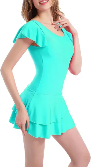 Womens U Back Inslace Layered Ruffle Hem Flutter Sleeve Swim Dress Ruffled Flowy Mini Short Dresses Cute Bodycon Dress